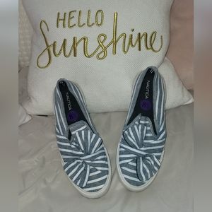 Nautica Gray and White Striped Knot-Top Slip-On Sneakers